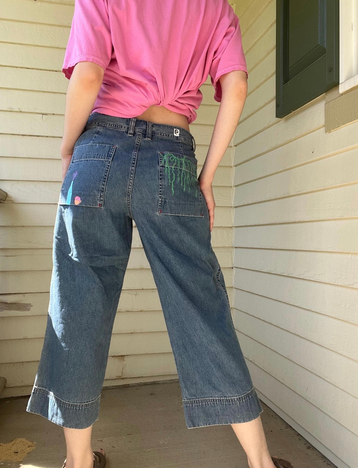 Plant Girl Capris / Size 8 / Waist Tie / Handpainted