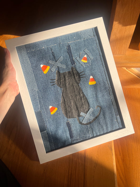 Candy Corn Cat / 11 x 14 / Denim Decor