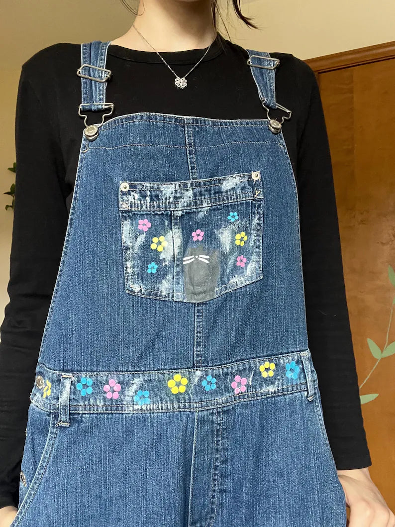 Kitty Kat Overalls / Size L / Capri Length / Hand Painted