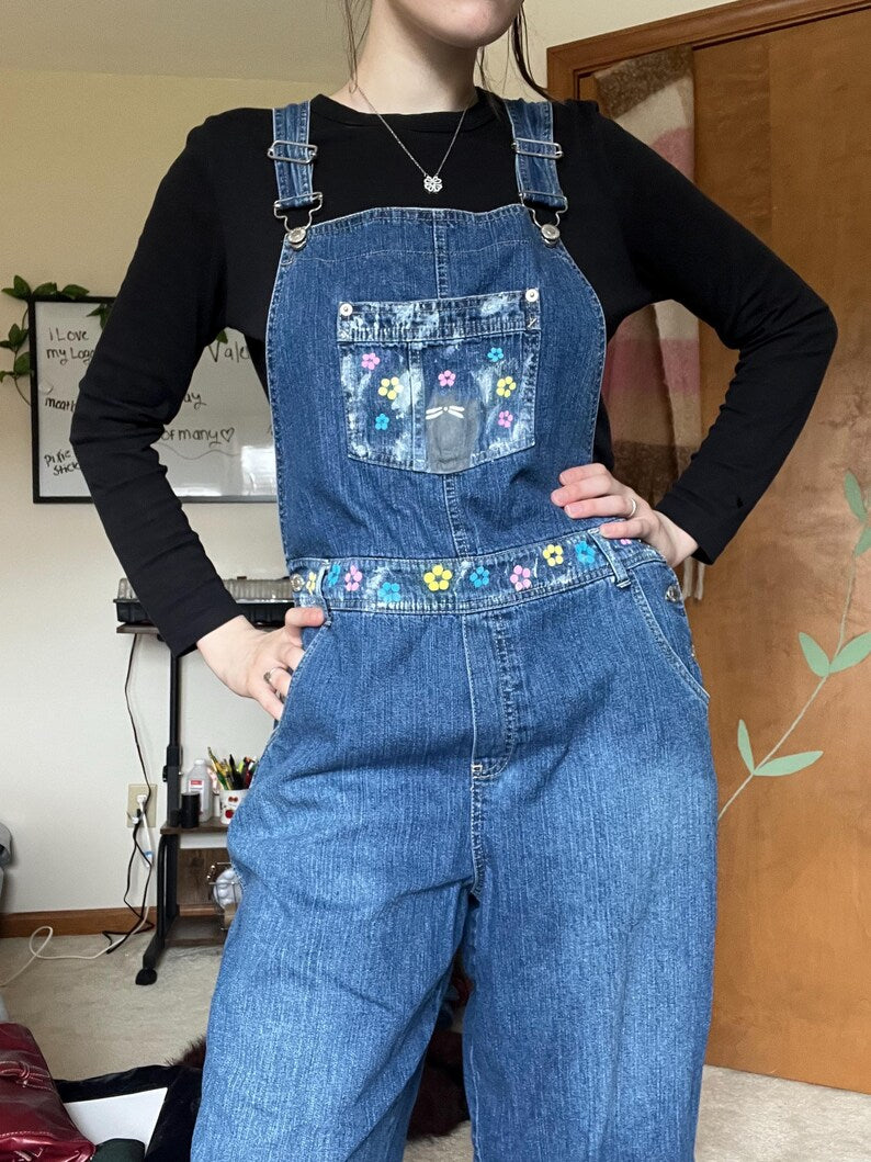 Kitty Kat Overalls / Size L / Capri Length / Hand Painted