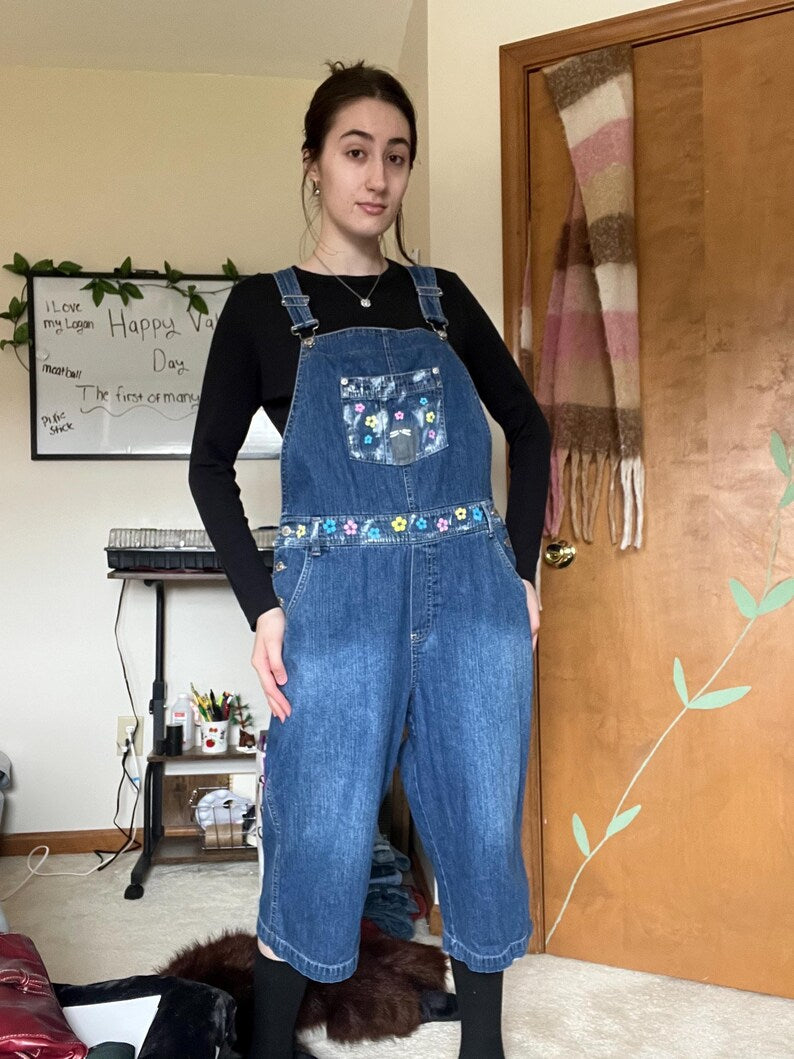 Kitty Kat Overalls / Size L / Capri Length / Hand Painted