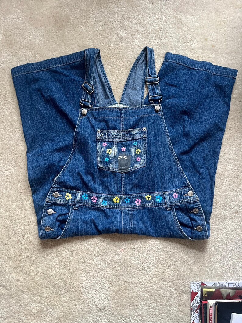 Kitty Kat Overalls / Size L / Capri Length / Hand Painted