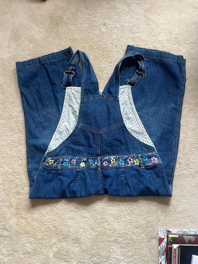 Kitty Kat Overalls / Size L / Capri Length / Hand Painted