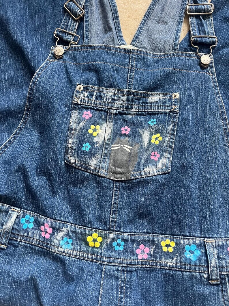 Kitty Kat Overalls / Size L / Capri Length / Hand Painted