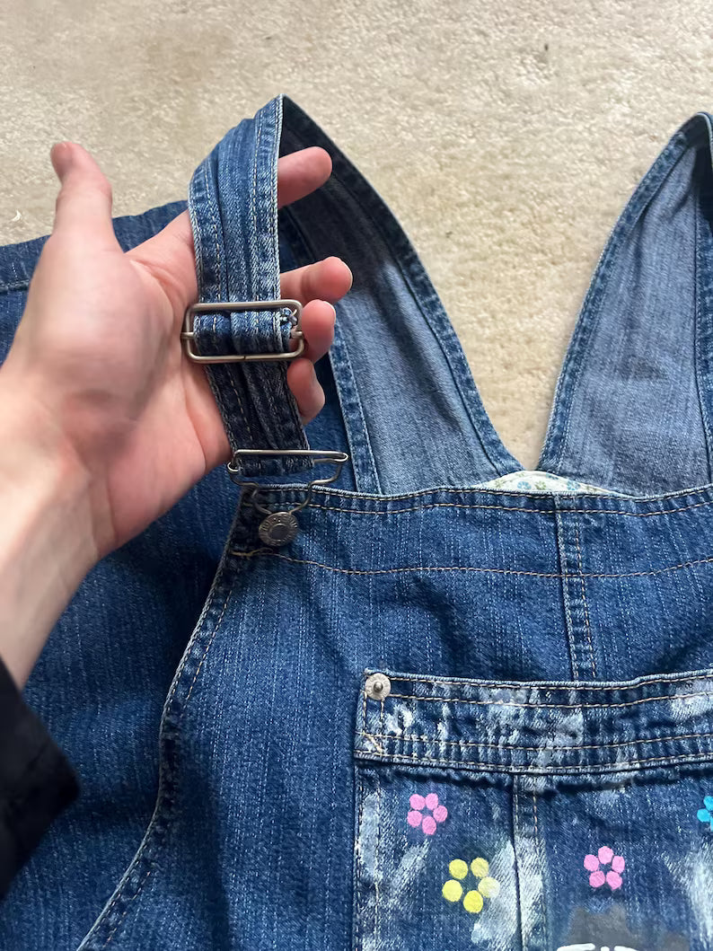 Kitty Kat Overalls / Size L / Capri Length / Hand Painted