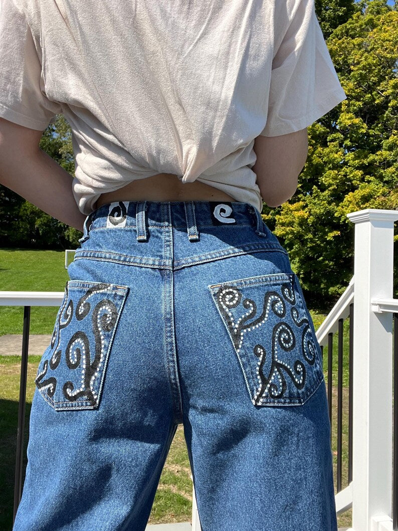 Asymmetrical Swirls Jeans / Size 10 / Hand Painted