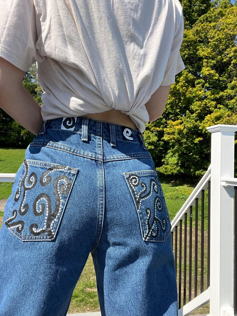 Asymmetrical Swirls Jeans / Size 10 / Hand Painted