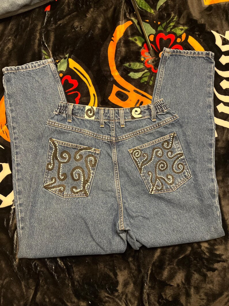 Asymmetrical Swirls Jeans / Size 10 / Hand Painted